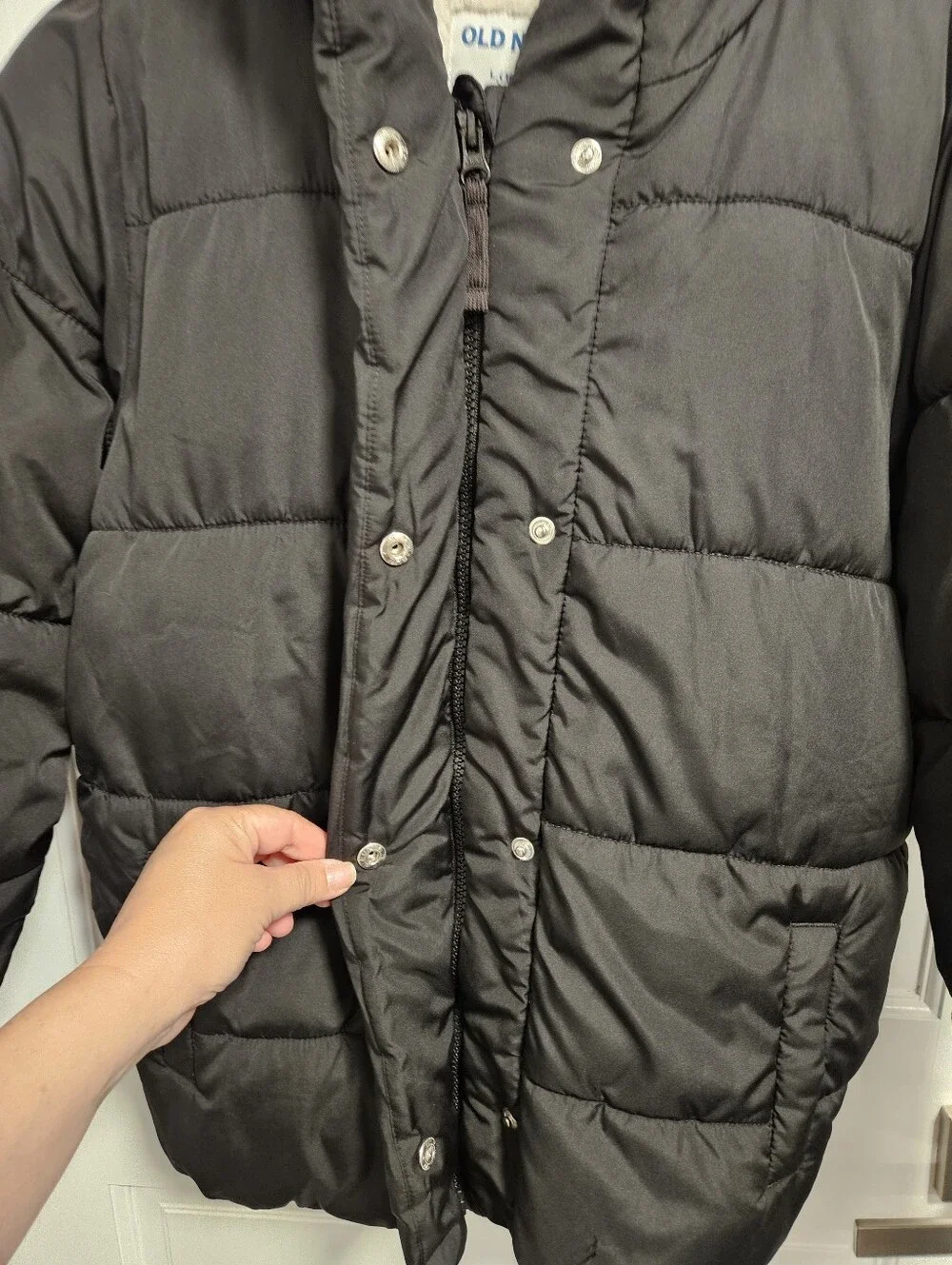 Old Navy Girls Black Puffer Coat Sherpa Lined Hood Kids Size L (10-12)